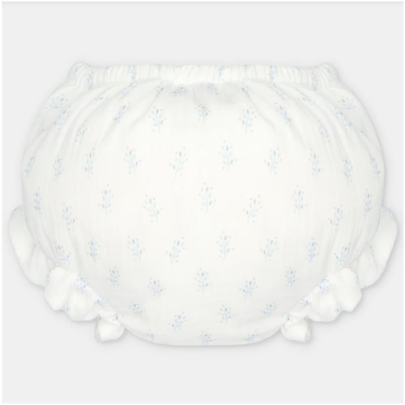 Baby girl bloomer in woven fabric featuring a white base with light blue floral prints and ruffled edges.