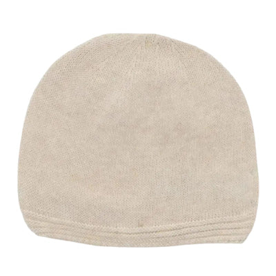 Beige knit baby hat with a simple design, showcasing a soft texture and rounded top.