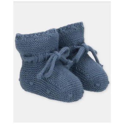 Knit baby booties in blue-grey with ties and textured details, ideal for keeping little feet warm.