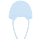 Light blue knit bonnet with ties, suitable for infants, featuring a soft texture and fitted design.