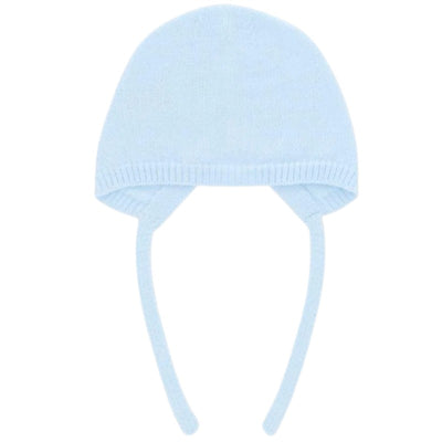 Light blue knit bonnet with ties, suitable for infants, featuring a soft texture and fitted design.