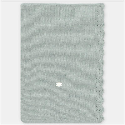 Blanket in sweater knit cotton blend, Pravia sage, featuring a scalloped edge and a small metallic logo.