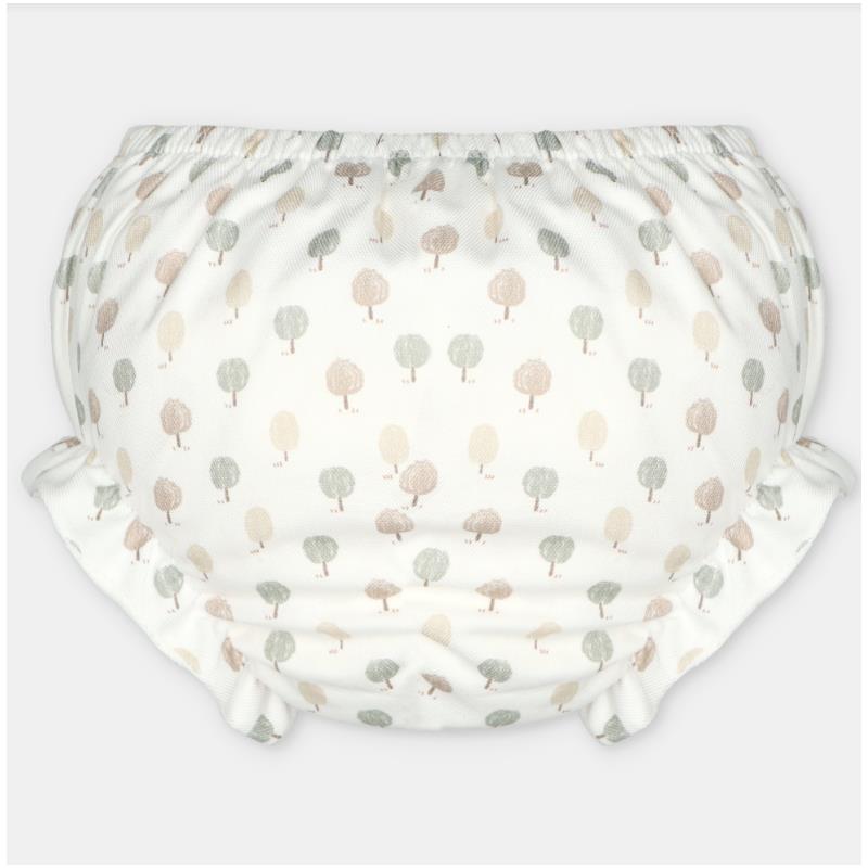 Woven fabric bloomer featuring a whimsical tree print in soft pastel colors.