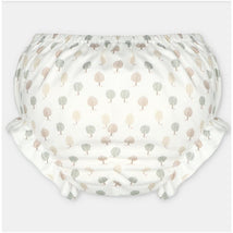 Woven fabric bloomer featuring a whimsical tree print in soft pastel colors.
