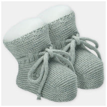 Martin Aranda booties in a soft gray sweater knit cotton blend with white cushioned tops and tied bows.