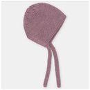 Draylon knit bonnet in Cotswold Rose color, featuring a textured design and two long ties for fastening.
