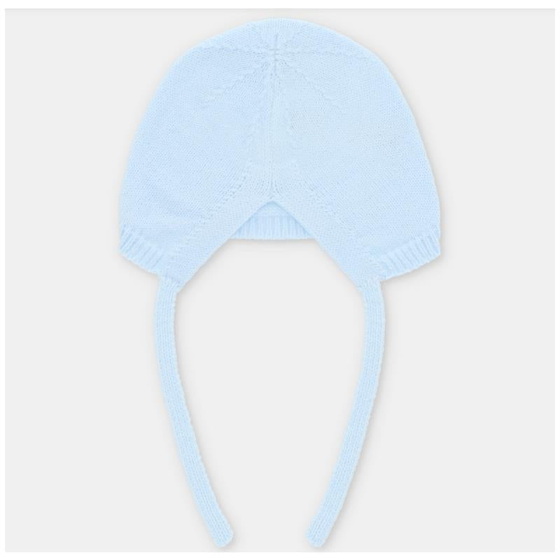 Pastel blue Draylon knit bonnet with ear flaps and ties, designed for infants.