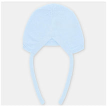 Pastel blue Draylon knit bonnet with ear flaps and ties, designed for infants.
