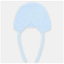 Pastel blue Draylon knit bonnet with ear flaps and ties, designed for infants.