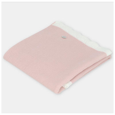 Baby pink Draylon sweaterknit blanket with a textured edge and a small logo detail. One size, versatile for infants.