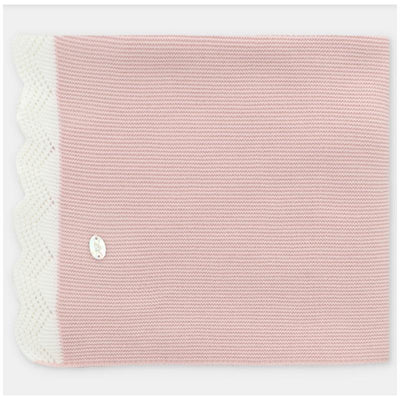 Baby pink Draylon sweaterknit blanket with a scalloped white edge and a small decorative tag.