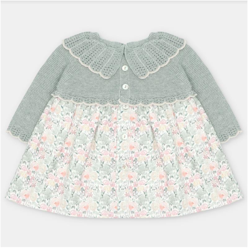Martin Aranda dress featuring a sweater knit top in light gray and a floral fabric skirt with pastel colors.