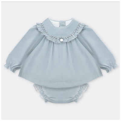 Dress and matching bloomer set in blue-grey, featuring a ruffled collar and button detail.