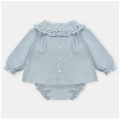 Blue-grey dress with matching bloomer, featuring a ruffled collar and button closure, suitable for infants.