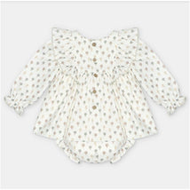 Woven beige baby dress and bloomer set featuring a tree pattern, ruffled collar, and button details.