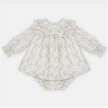 Martin Aranda set dress and bloomer in woven fabric, featuring floral patterns in pastel colors with puffed sleeves.
