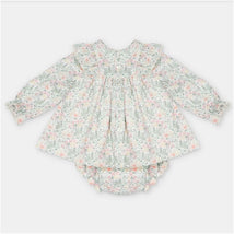 Martin Aranda set dress and bloomer in woven fabric, featuring floral print in Pravia Green with ruffled details.