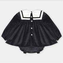 Set dress and bloomer in Pesoz Black velvet with white sailor collar and button closure at the back.