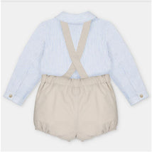 Woven fabric set featuring a blue and white striped shirt with a collared neckline and beige overall shorts with suspenders.
