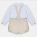 Woven fabric set featuring a blue and white striped shirt with a collared neckline and beige overall shorts with suspenders.