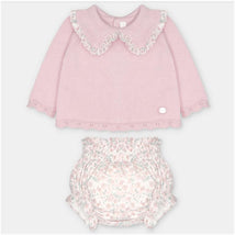 Sweater and bloomer set in dusty rose, featuring a scalloped collar and floral-patterned bloomers.