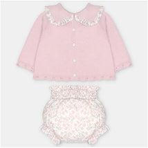 Sweater and bloomer set in dusty rose, featuring a button-up sweater with a scalloped collar and floral-patterned bloomers.