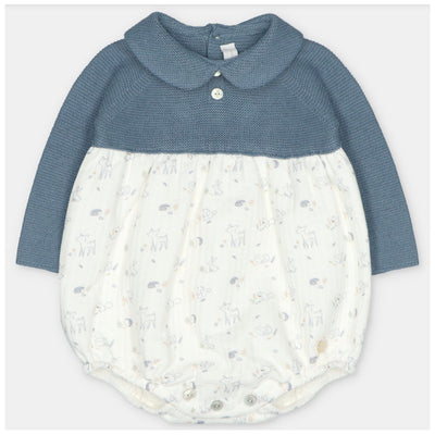 Martin Aranda short romper in sweater knit and fabric mix, featuring long sleeves, a collared neck, and a printed lower section.