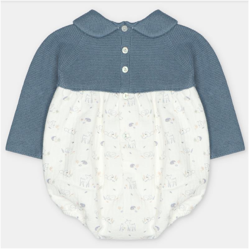 Short romper featuring a blue sweater knit top and a lightweight white bottom with animal prints and floral designs.