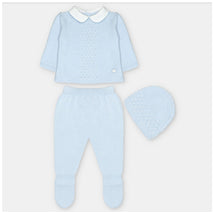 Light blue sweater knit cotton blend outfit set, featuring a top with a white collar, matching pants, and a hat.