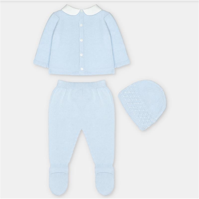 Light blue cotton blend baby outfit consisting of a button-up sweater, matching pants, and a decorative hat.