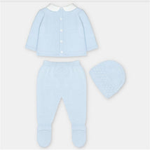 Light blue cotton blend baby outfit consisting of a button-up sweater, matching pants, and a decorative hat.