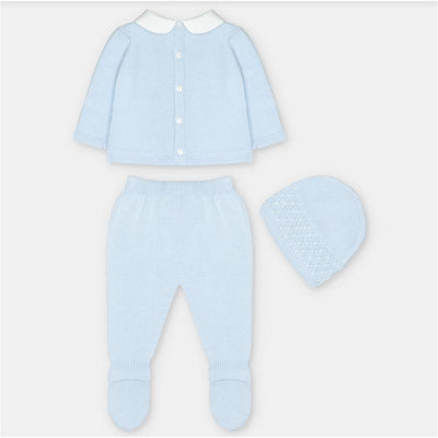 Light blue cotton blend baby outfit consisting of a button-up sweater, matching pants, and a decorative hat.