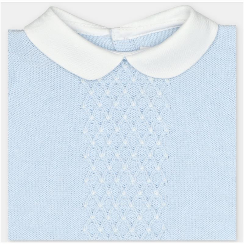 Light blue knitted sweater with a white collar, featuring a textured diamond pattern on the front.