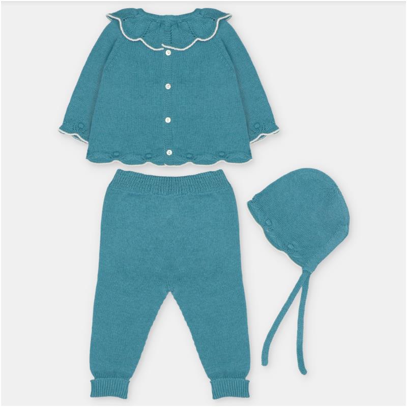 Sweater knit cotton blend outfit in teal, featuring a button-up top, matching pants, and a bonnet with ties.