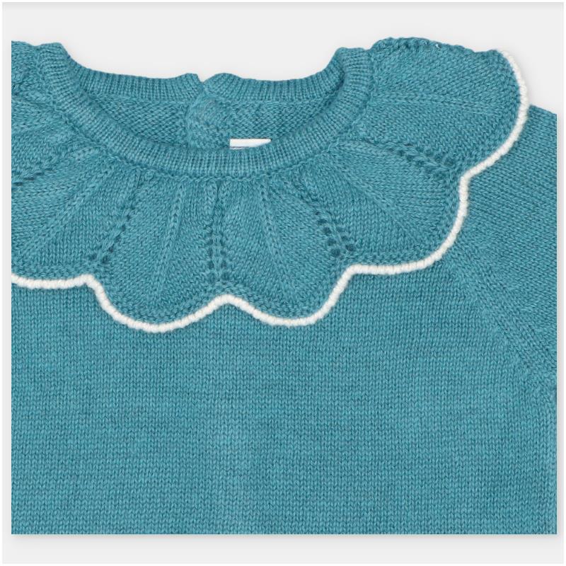 Knit cotton blend sweater in teal with a ruffled, white-trimmed collar, featuring a textured design.