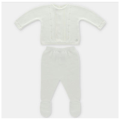Knit sweater and leggings set in off-white, featuring textured patterns and footed pants. Suitable for infants.