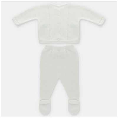 Knit set featuring a white cardigan with buttons and matching leggings with footed design.