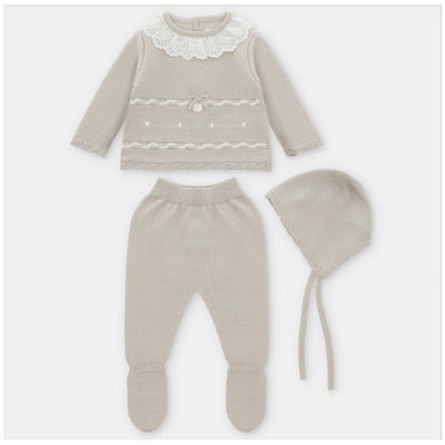 Knit baby outfit set in Newport Stone, including a sweater with lace collar, leggings, and matching bonnet.