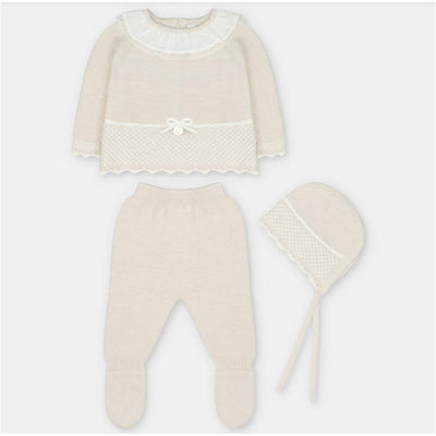 Martin Aranda Top, Leggings With Feet & Bonnet In Sweater Knit Cotton Set Blend, Aller Beige