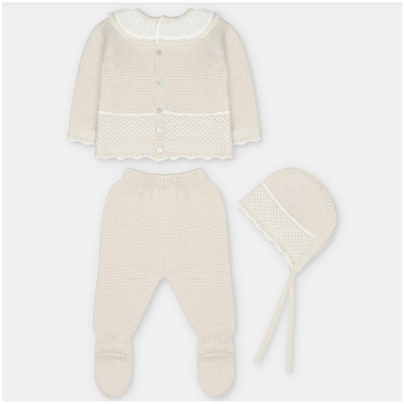 Martin Aranda Top, Leggings With Feet & Bonnet In Sweater Knit Cotton Set Blend, Aller Beige