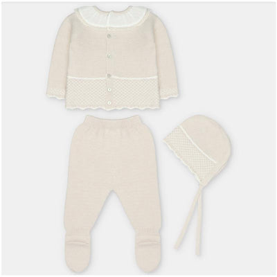 Sweater knit cotton set in aller beige, including a cardigan, leggings with feet, and a bonnet.