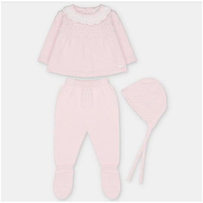 Set of Martin Aranda Top, leggings with feet, and bonnet in soft baby pink sweater knit cotton blend.