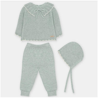 Martin Aranda Top, Leggings With Feet & Bonnet In Sweater Knit Cotton Set Blend, Pravia Sage