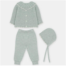 Martin Aranda Top, Leggings With Feet & Bonnet In Sweater Knit Cotton Set Blend, Pravia Sage