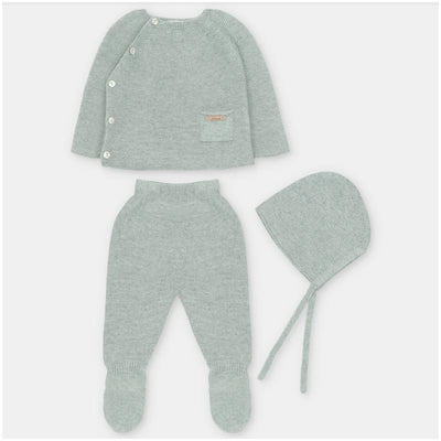 Martin Aranda Top, Leggings With Feet & Bonnet In Sweater Knit Cotton Set Blend, Pravia Sage
