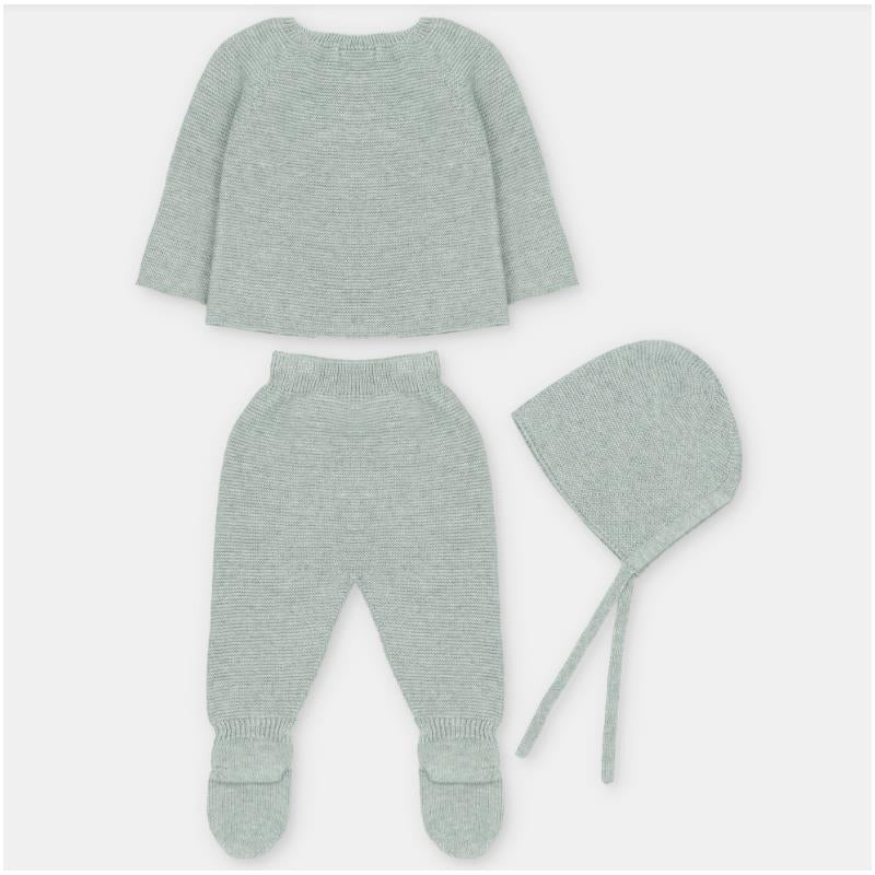 Martin Aranda Top, Leggings With Feet & Bonnet In Sweater Knit Cotton Set Blend, Pravia Sage