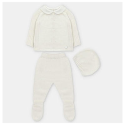 Sweater knit cotton set in Amieva Blue Grey, featuring a long-sleeve top, footed leggings, and a matching hat.