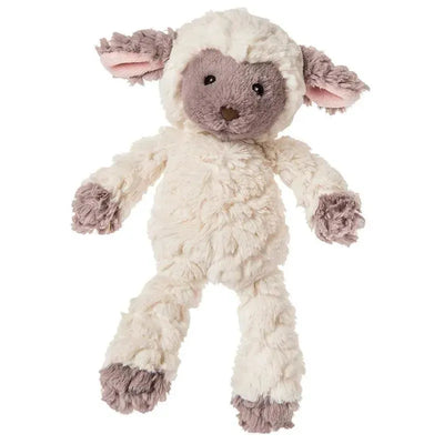 Soft plush nursery lamb with cream-colored body, gray face, and pink ears, designed for cuddling and play.