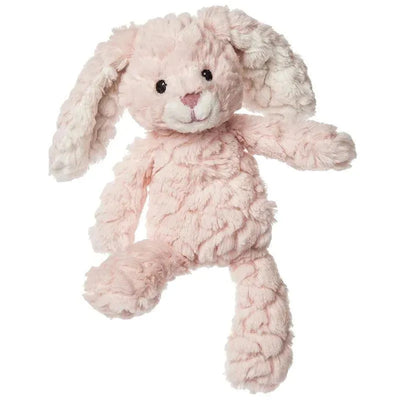 Soft pink bunny plush toy with a smiling face and long ears, featuring crinkled fur texture. Suitable for cuddling.