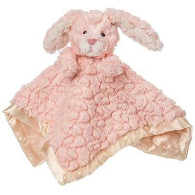 Soft pink bunny character blanket with a textured plush body and satin trim, ideal for comforting infants.